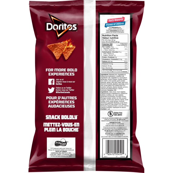 Back of Doritos Spicy Nacho 235g bag showing nutrition facts, ingredients, and barcode