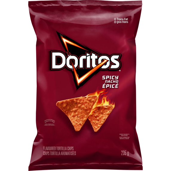 Doritos Spicy Nacho flavored tortilla chips 235g package with flaming tortilla chips on front