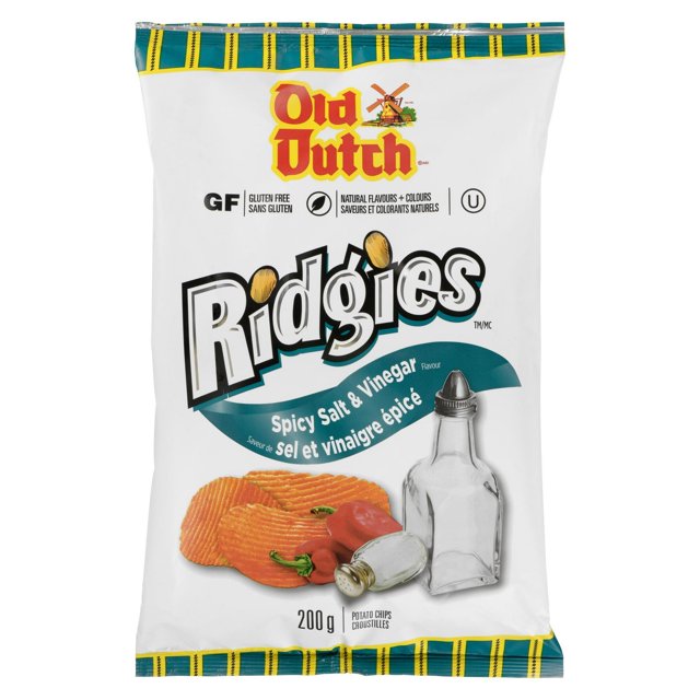 Front view of Old Dutch Ridgies Spicy Salt & Vinegar ridged potato chips 200g package