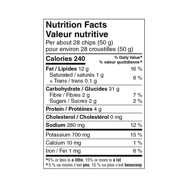 Nutrition Facts label for Great Value Hot Honey Kettle Cooked Potato Chips with 240 calories per 50g serving
