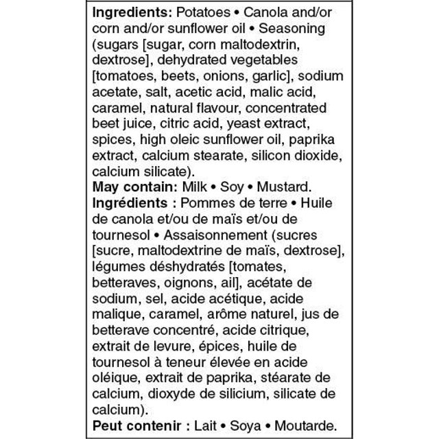 Ingredient and allergen label for Great Value Tangy Ketchup Extreme Rippled Chips listing potatoes, oils, seasoning, and may contain milk, soy, and mustard