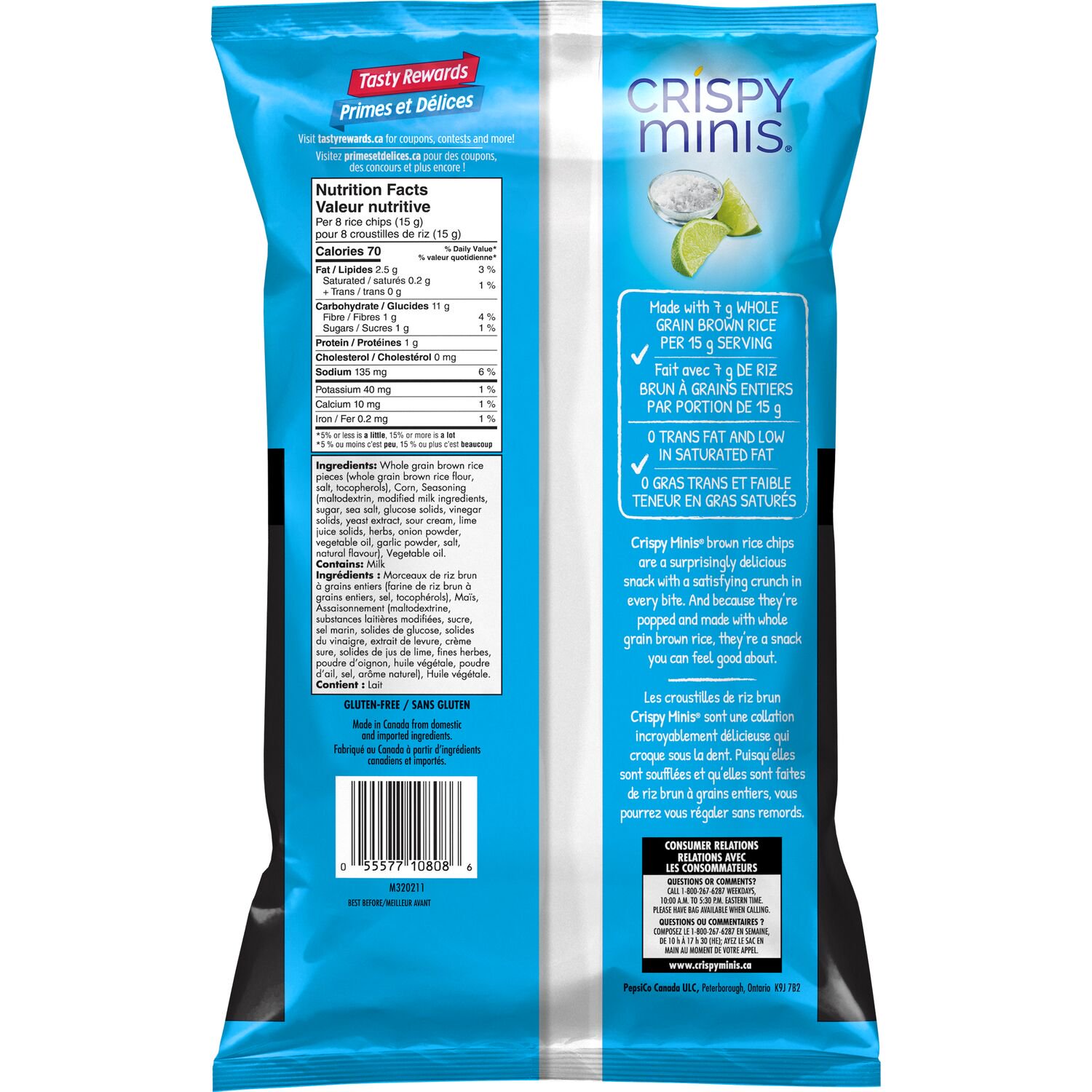Back view of Quaker Crispy Minis Sea Salt & Lime 100 g bag with nutrition facts and product details