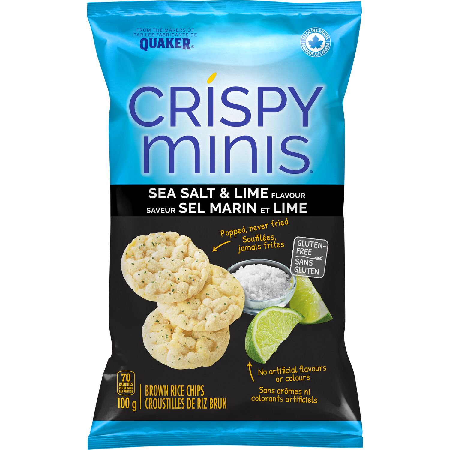 Front packaging of Quaker Crispy Minis Sea Salt & Lime gluten-free brown rice chips