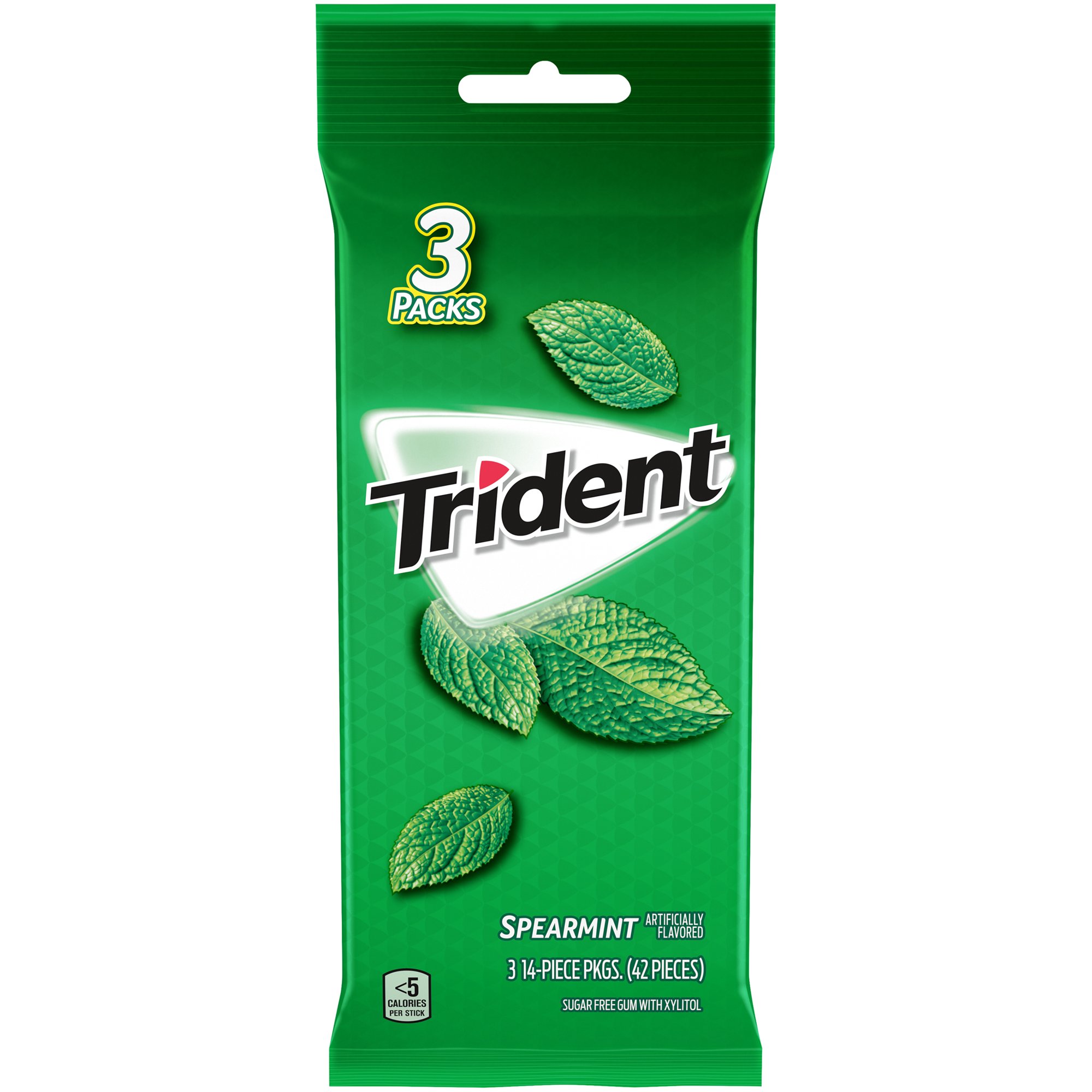 Trident Sugar Free Spearmint Gum 3 packs with 42 pieces front package
