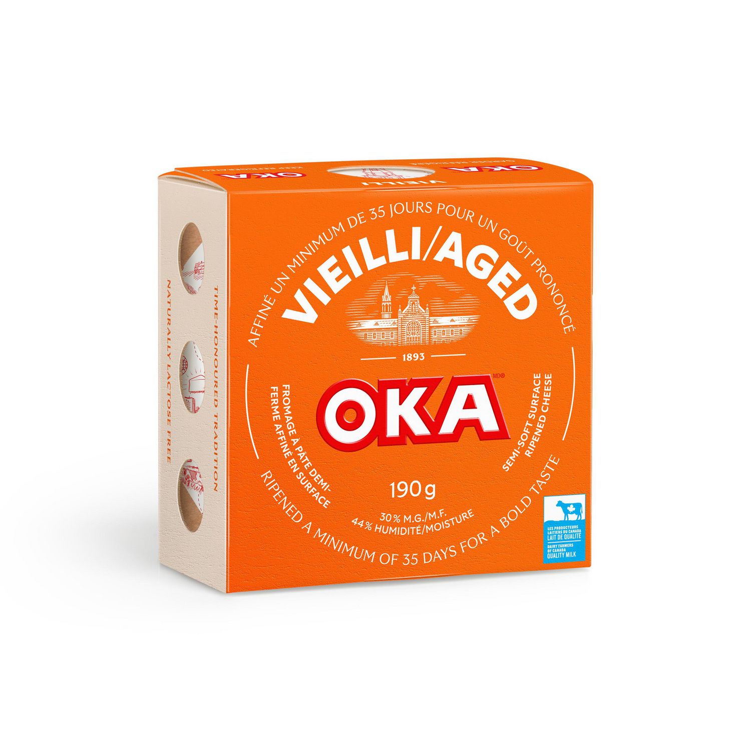 OKA Classique Bold Cheese 190g retail package with bright orange box