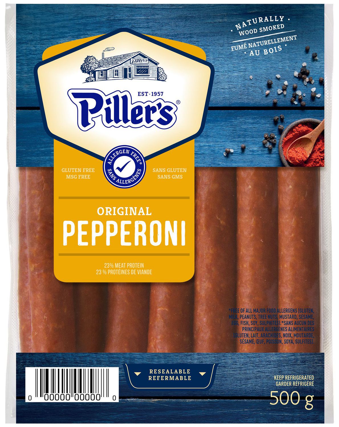 Piller's Original Gluten Free Pepperoni Meat Snacks naturally wood smoked 500 g package