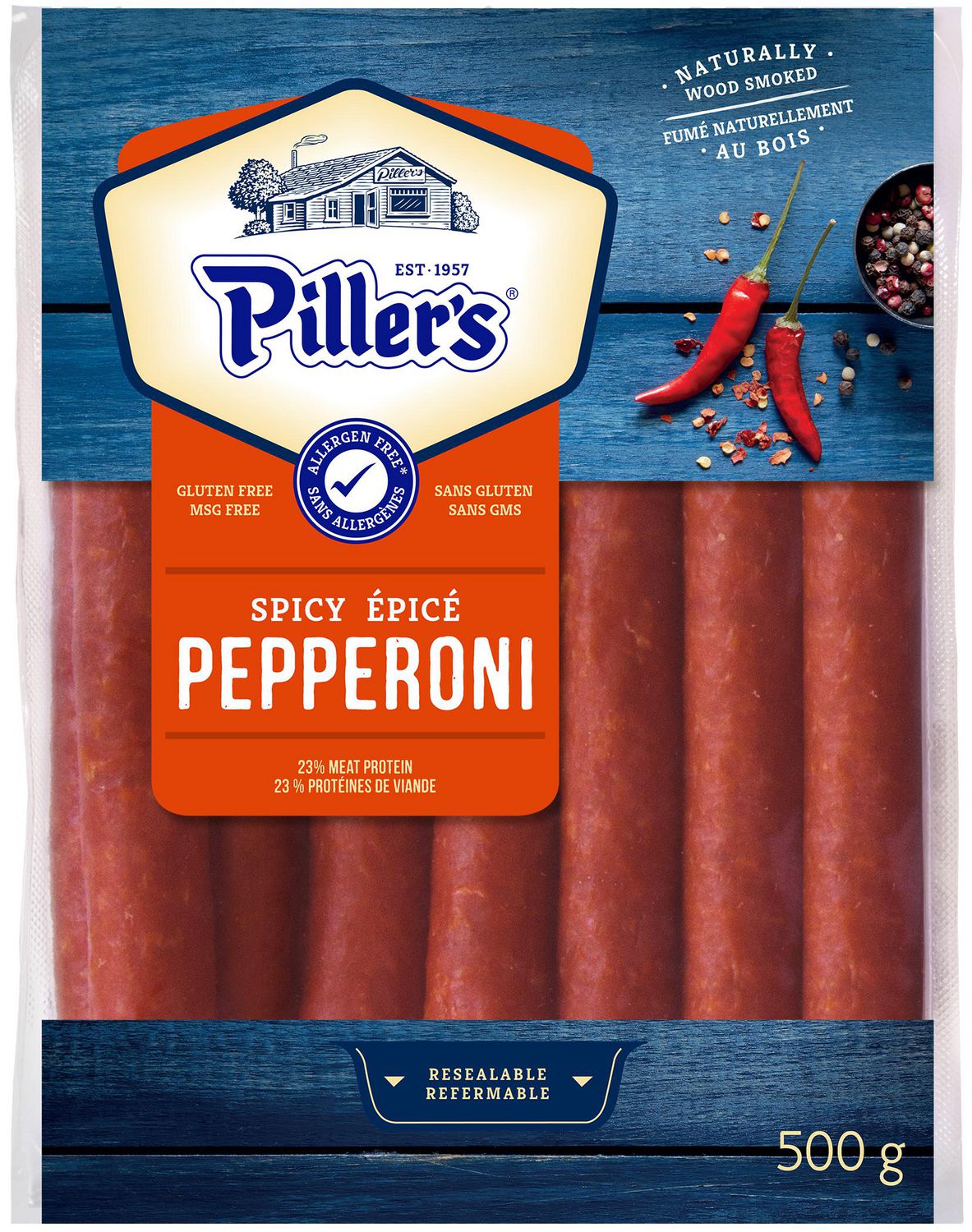 Piller's Spicy Pepperoni Sticks High Protein Snack, Naturally Wood Smoked, Gluten Free, MSG Free, 500g