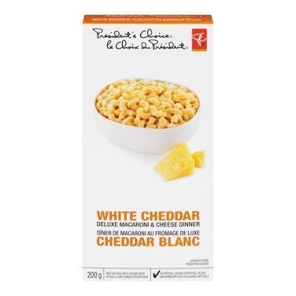 Front view of President's Choice White Cheddar Deluxe Mac & Cheese Dinner 200g package