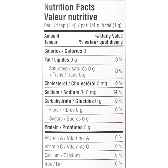 Nutrition Facts label for Hy's Seasoning Salt showing serving size and nutrient information