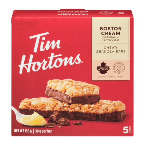 Front view of Tim Hortons Boston Cream chewy granola bars 150g box showing five-bar package size