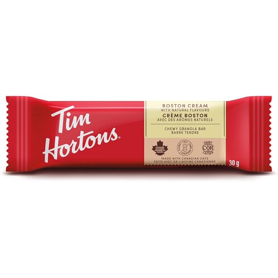Individually wrapped Tim Hortons Boston Cream chewy granola bar in red 30g wrapper