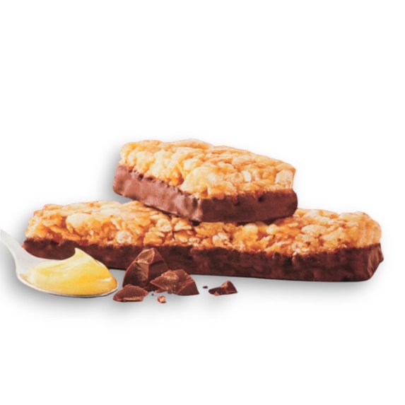 Two Tim Hortons Boston Cream granola bars with chocolate pieces and cream shown on a white background