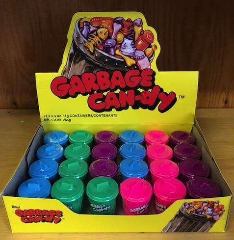 Garbage Candy 24-count retail display with colorful reusable mini garbage can containers