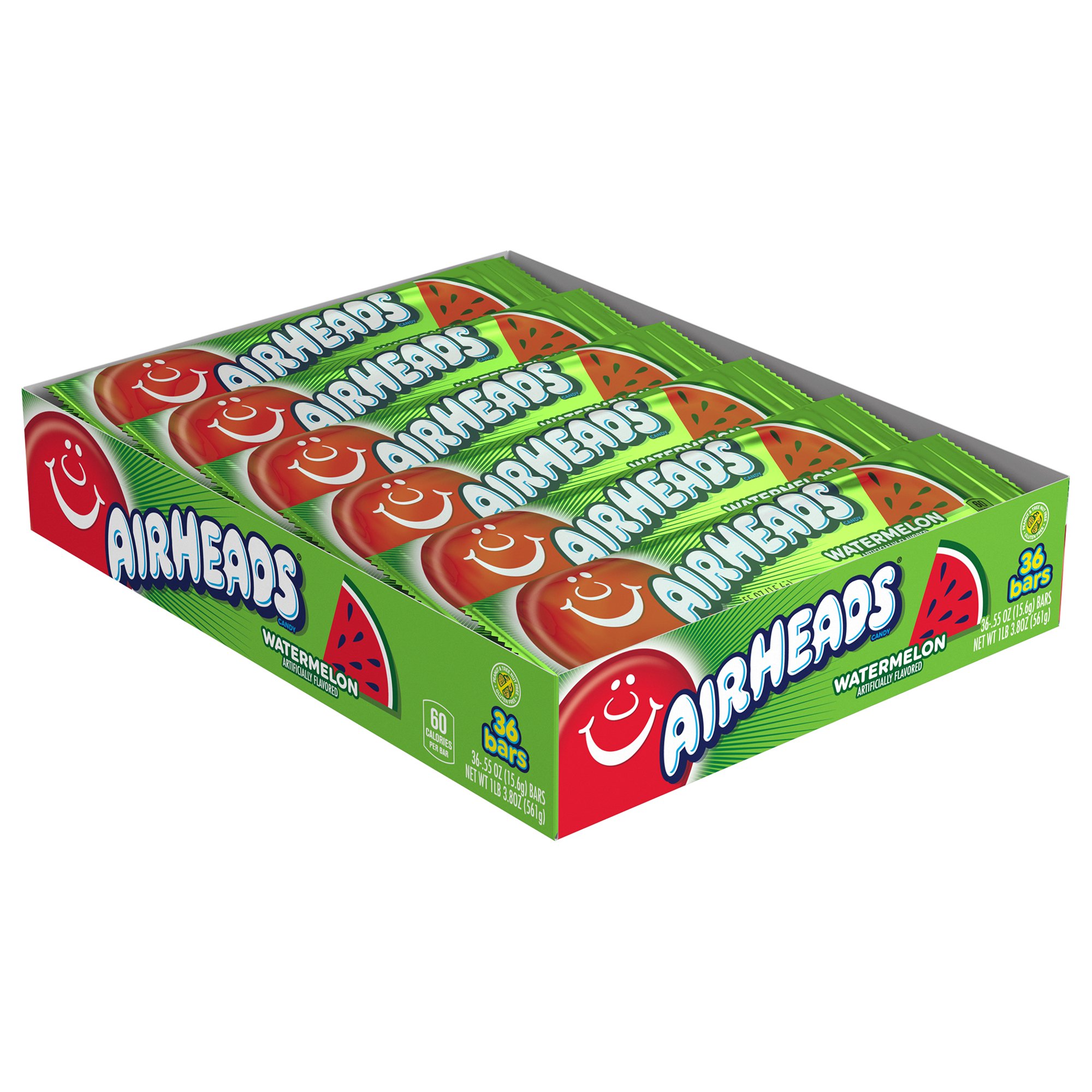 Airheads Watermelon Candy Bars 36 count display box with individually wrapped chewy candy bars