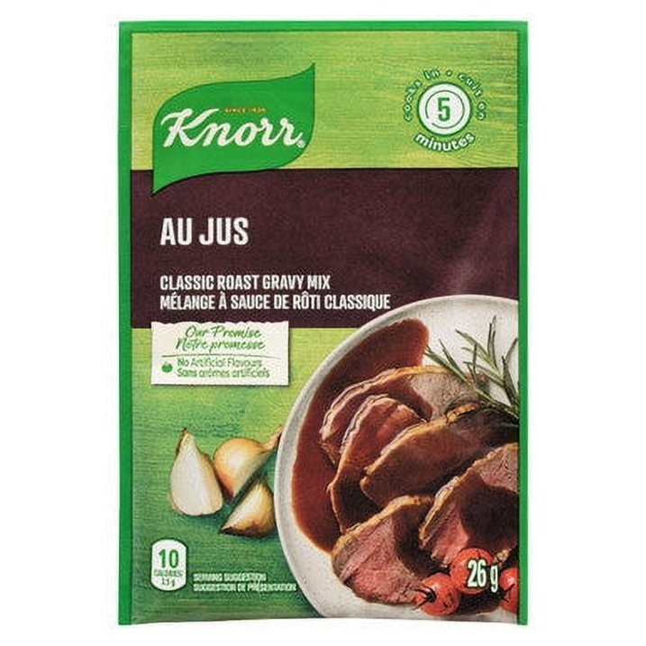 Knorr Classic Roast Gravy Mix Au Jus 26g front package with sliced roast beef serving suggestion