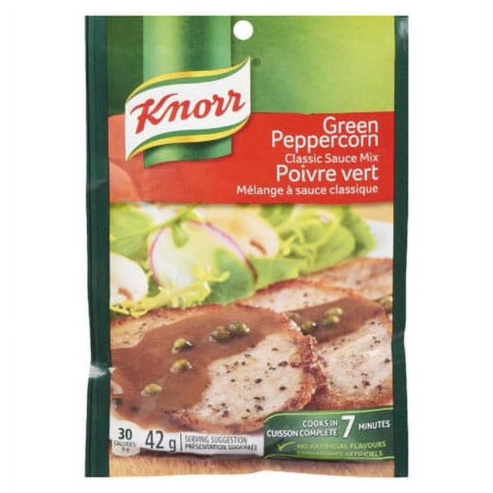 Knorr Classic Green Peppercorn Sauce Mix 42g front package with serving suggestion