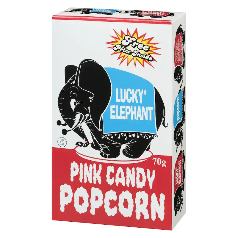 Front view of Lucky Elephant Pink Candy Popcorn 70g box