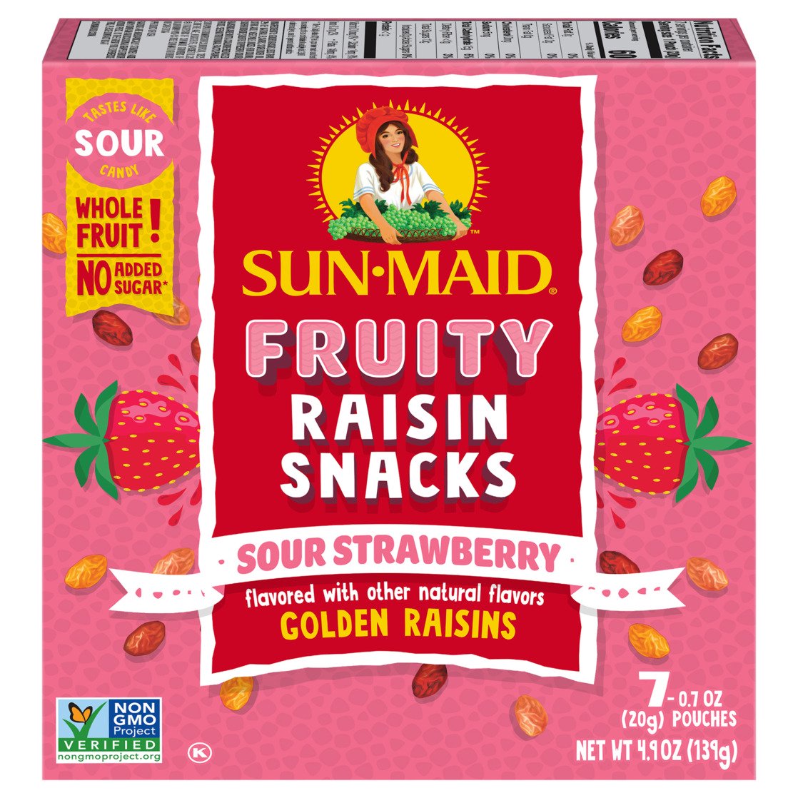 Sun-Maid Fruity Raisin Snacks Sour Strawberry 7 count box with individually wrapped 0.7 oz pouches