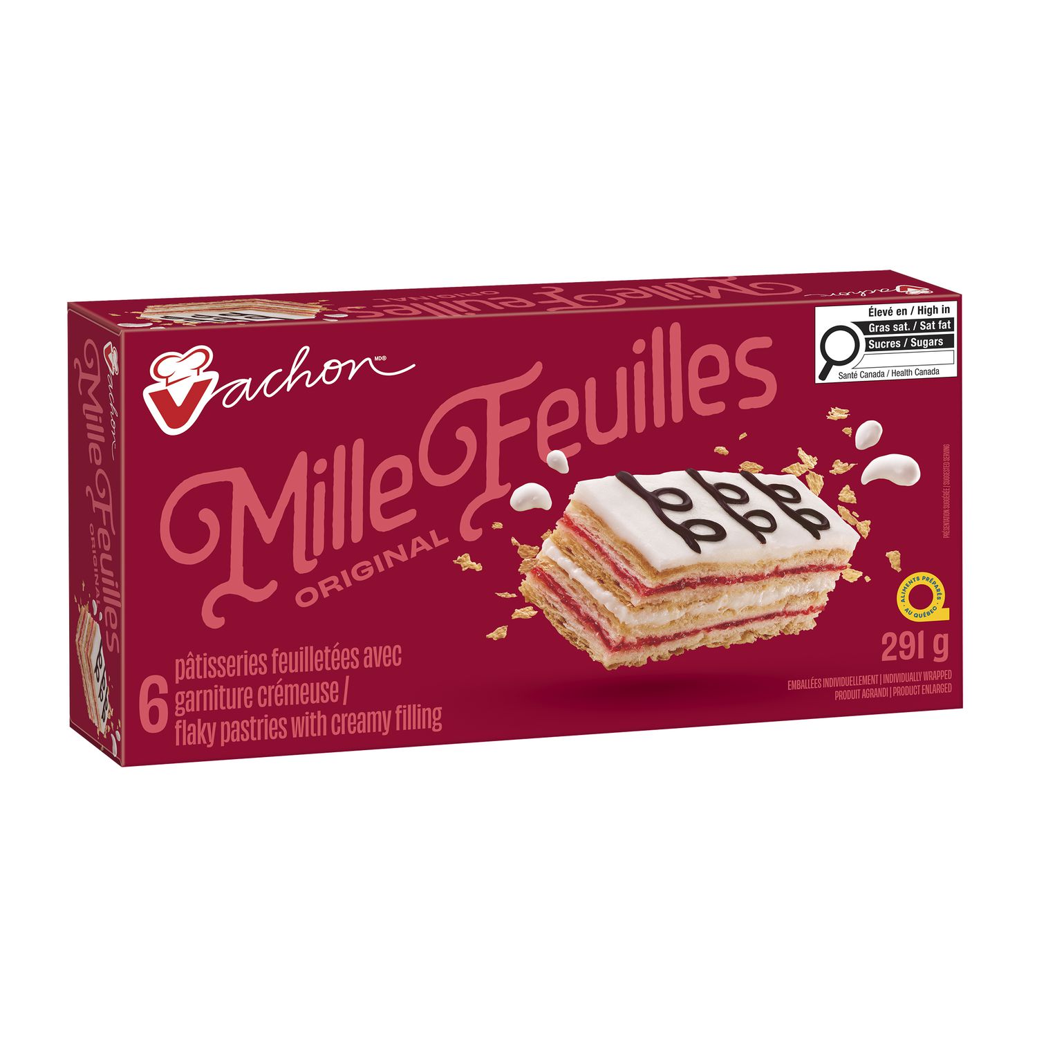 Angled Vachon Mille Feuilles pastry box showing the original flaky pastries and creamy filling