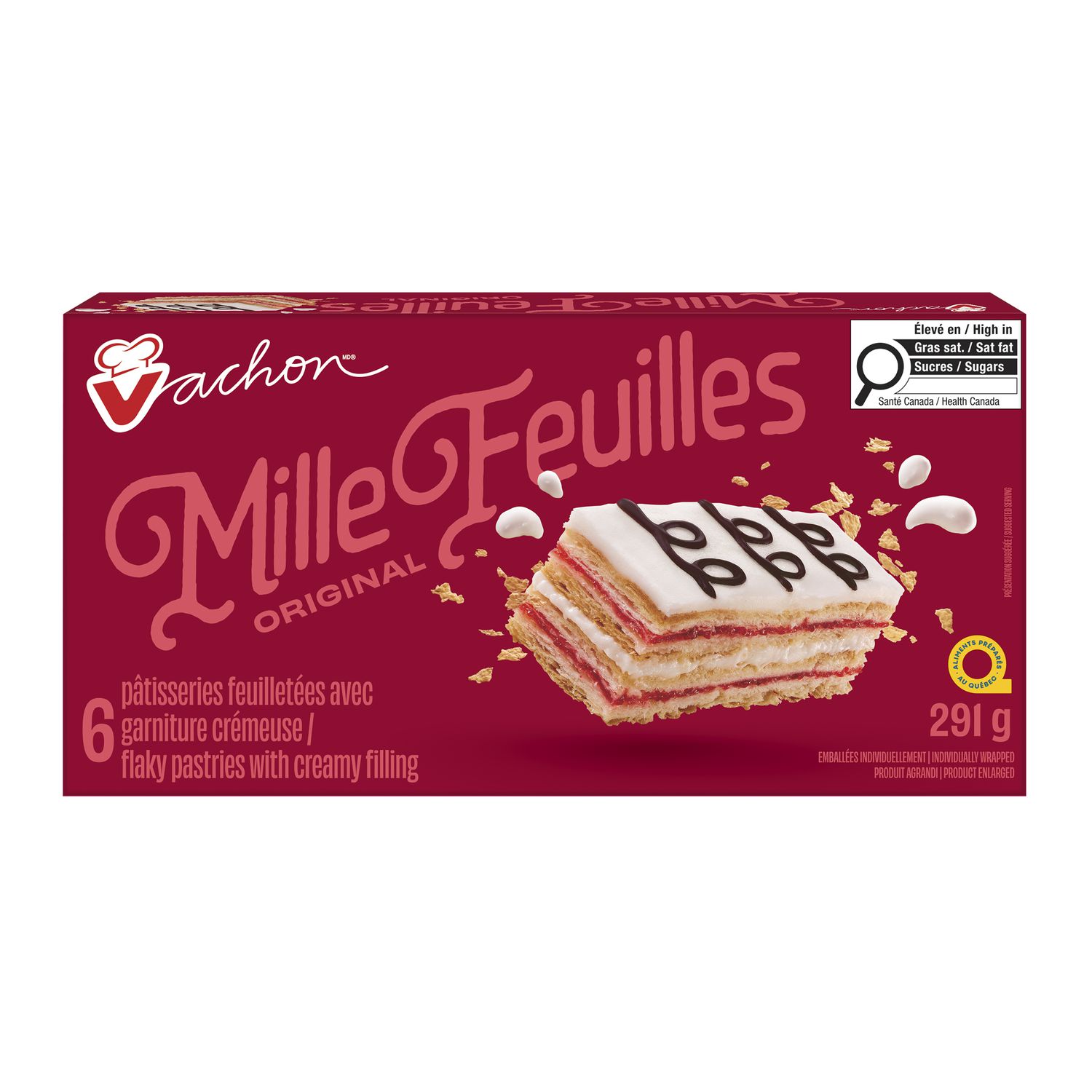 Front view of Vachon Mille Feuilles flaky pastries package with layered pastry and chocolate drizzle