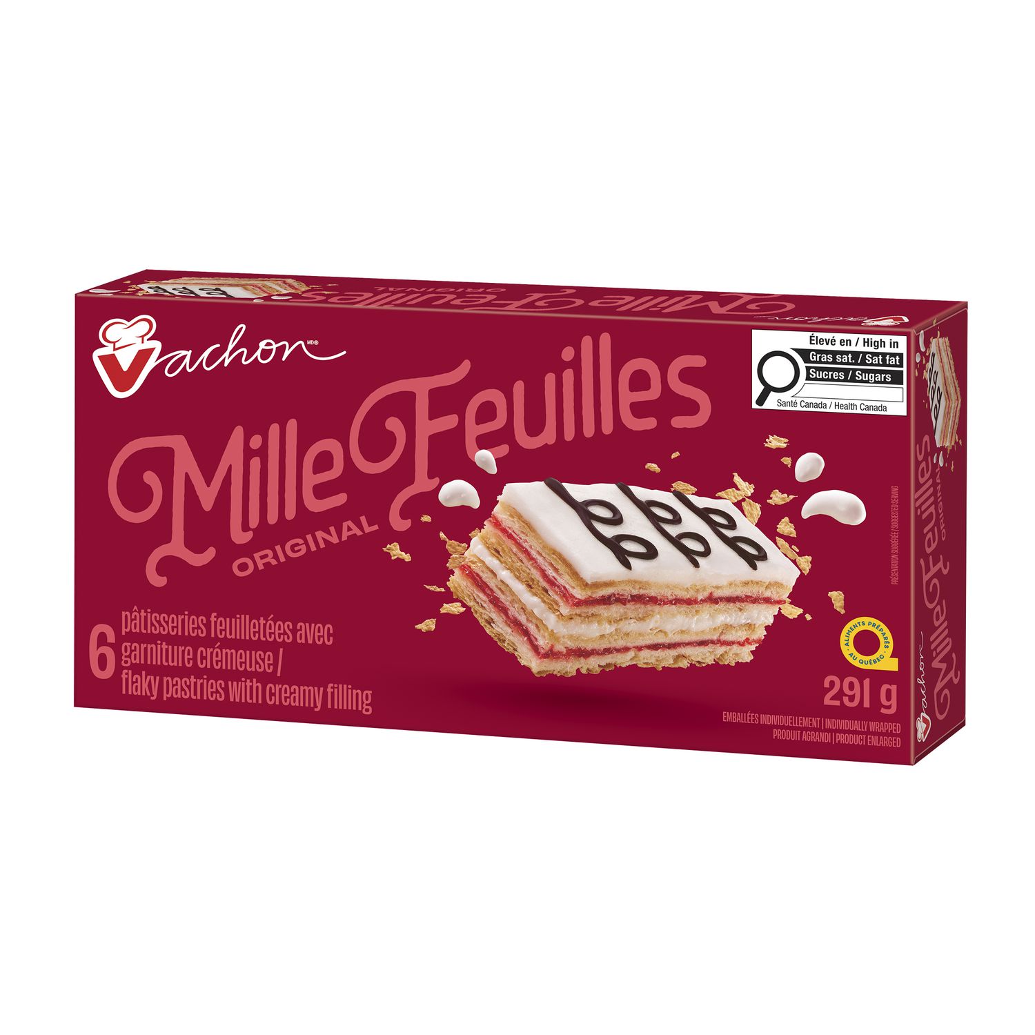 Three-quarter view of Vachon Mille Feuilles 291 g package with six pastry serving information