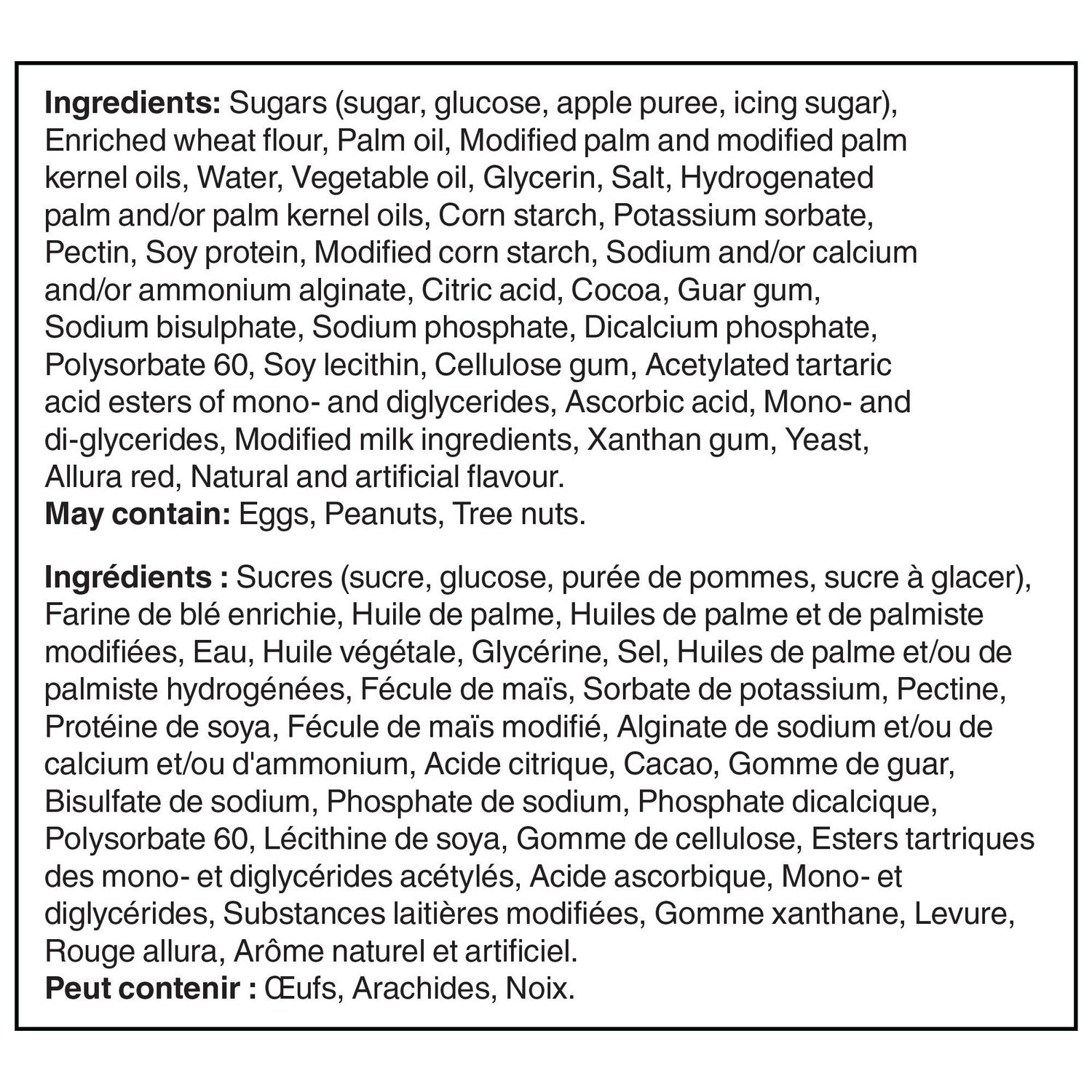 Vachon Mille Feuilles ingredient label showing ingredients and allergen information