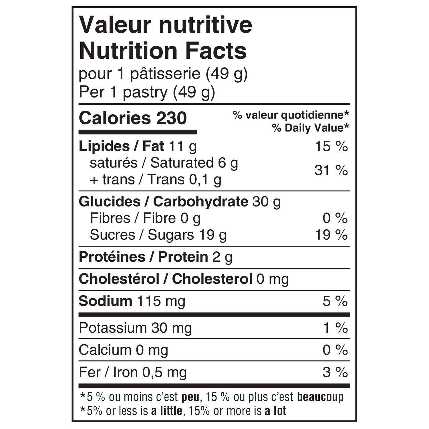 Vachon Mille Feuilles Nutrition Facts label showing calories, fat, carbohydrates and sugars per pastry