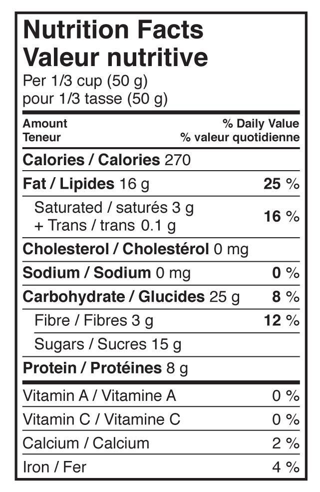 Nutrition information panel for Billy Bee Honey Roasted Peanuts showing calories, fat, carbohydrates and protein