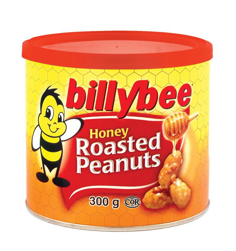 Billy Bee Honey Roasted Peanuts 300 g can with honey roasted peanut packaging