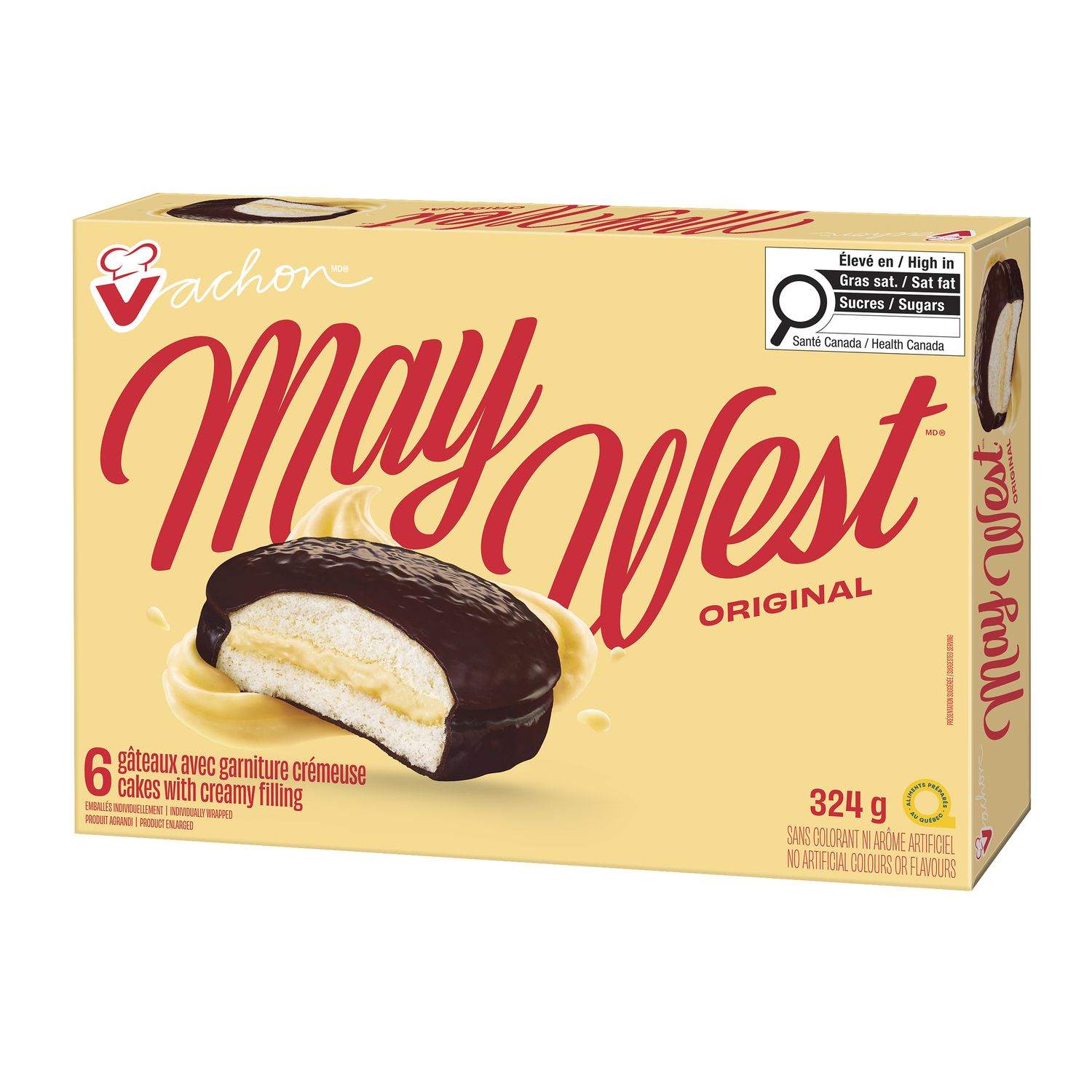 Vachon May West Original cake with chocolate coating and creamy filling close-up