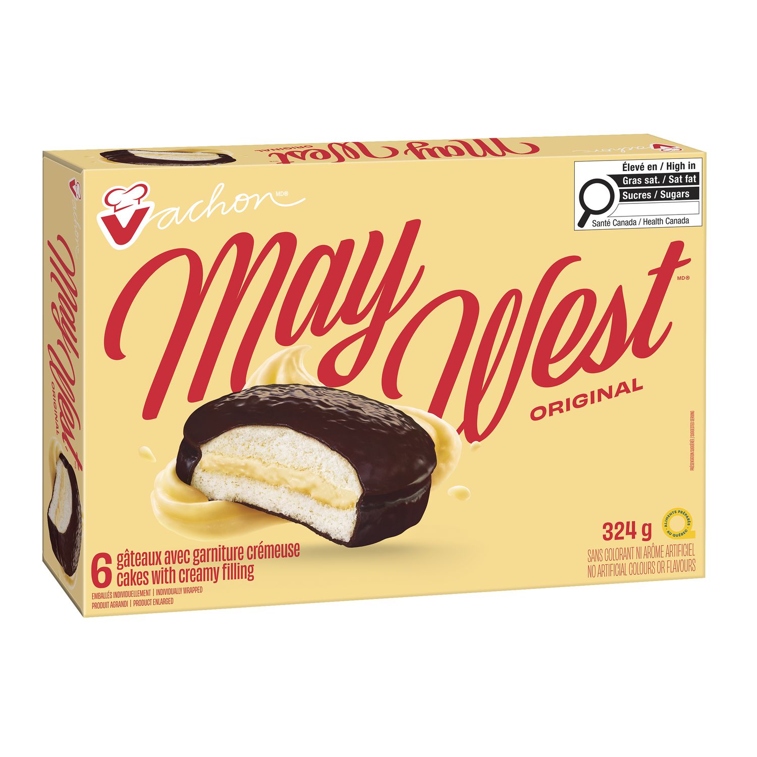 Vachon May West Original Cakes box showing chocolate-coated cake with creamy center
