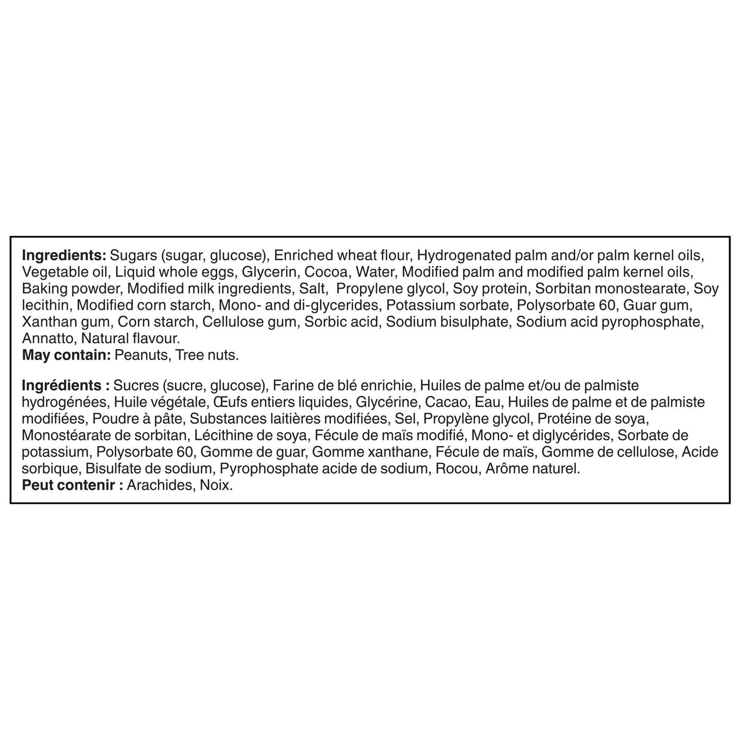 VachVachon May West Original Cakes ingredients label showing product ingredients and allergen informationon May West nutrition facts for one 54 g cake