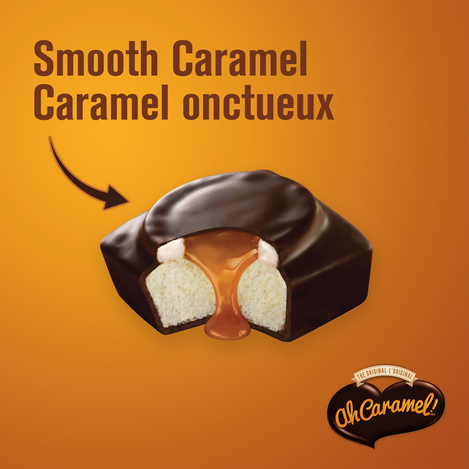 Close-up of Vachon Ah Caramel cake cut open to reveal smooth caramel and creamy filling