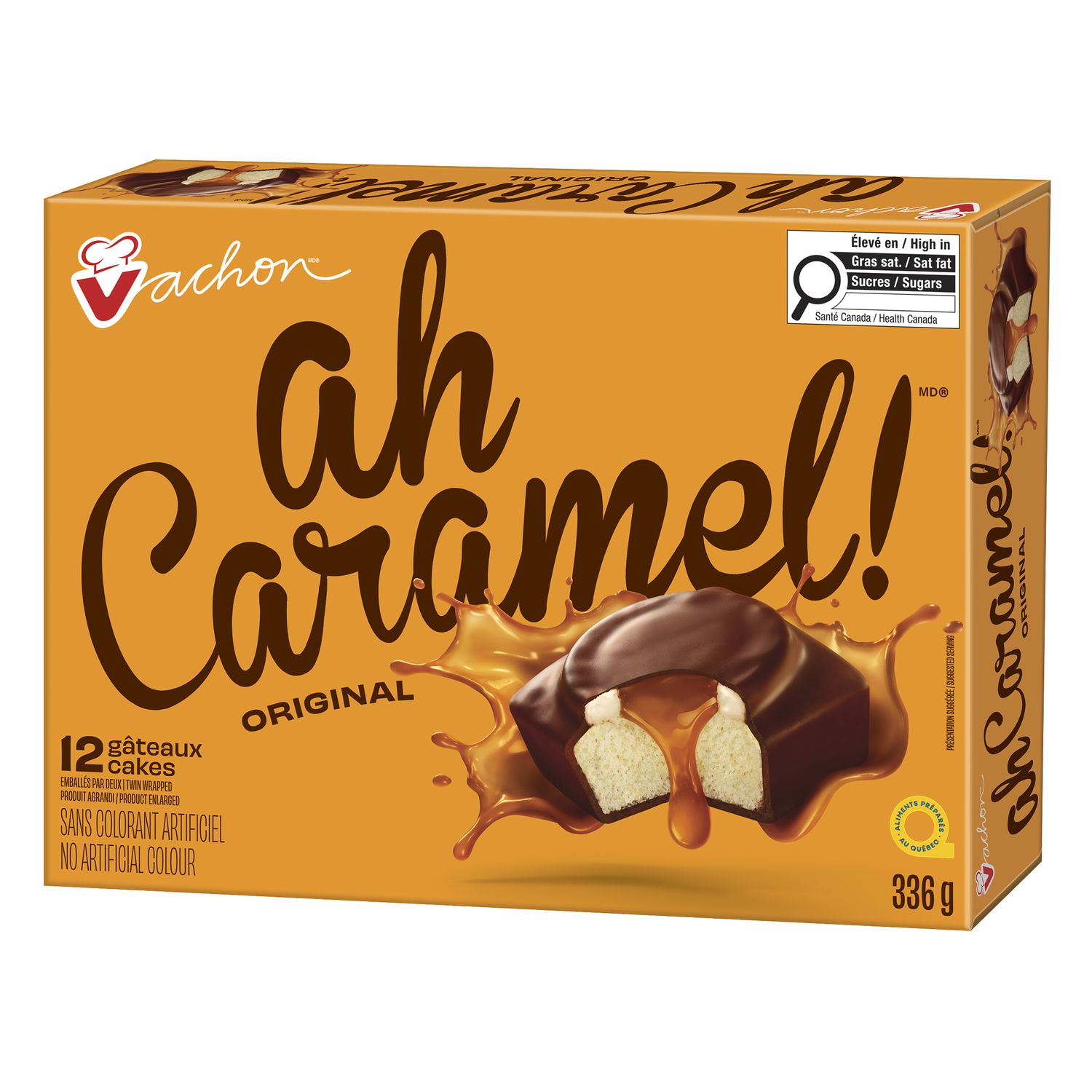 Three-quarter view of Vachon Ah Caramel original cakes package showing front and side panels