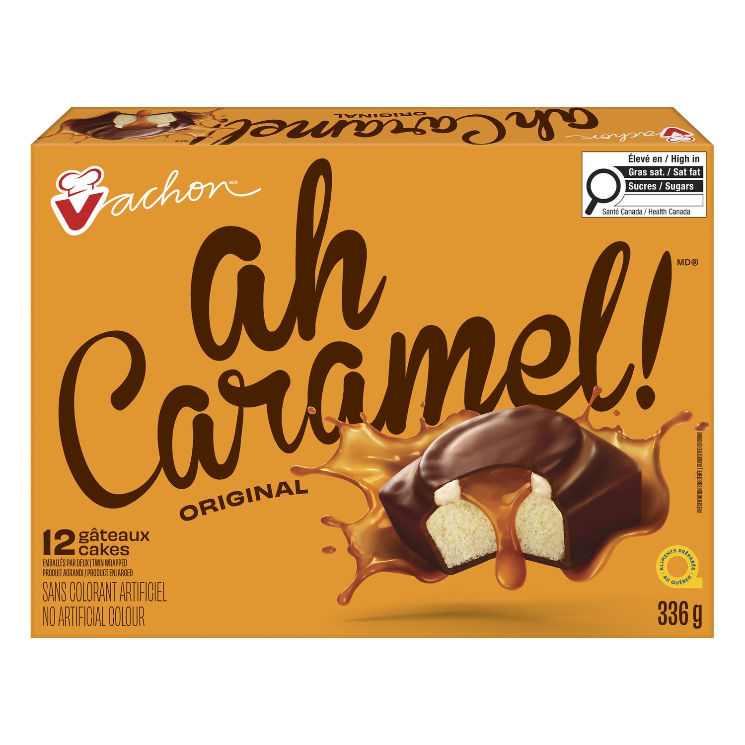 Vachon Ah Caramel! cake box shown from a slightly elevated front angle with 12 cakes