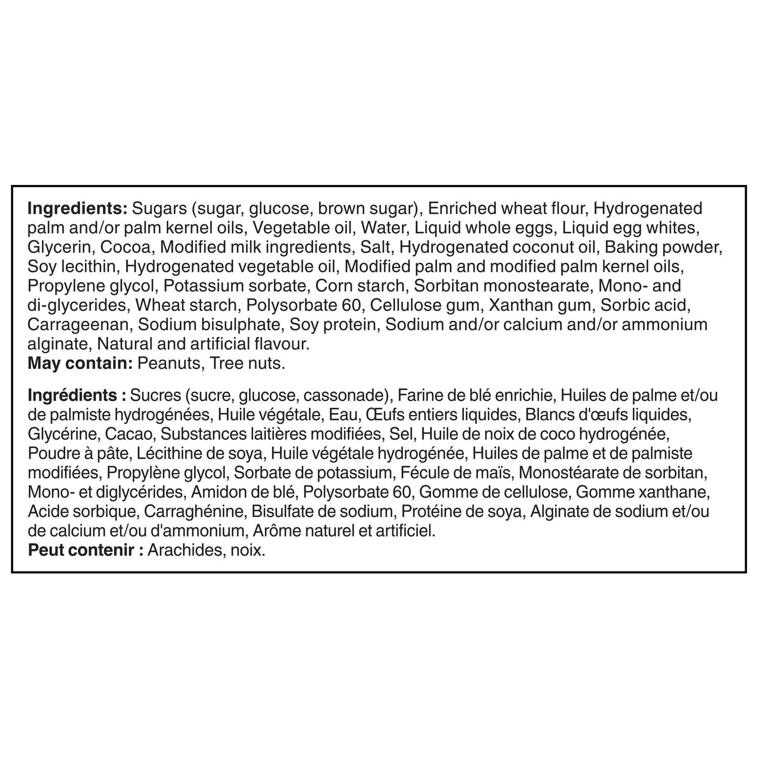 Vachon Ah Caramel ingredients panel listing ingredients and potential peanut and tree nut information