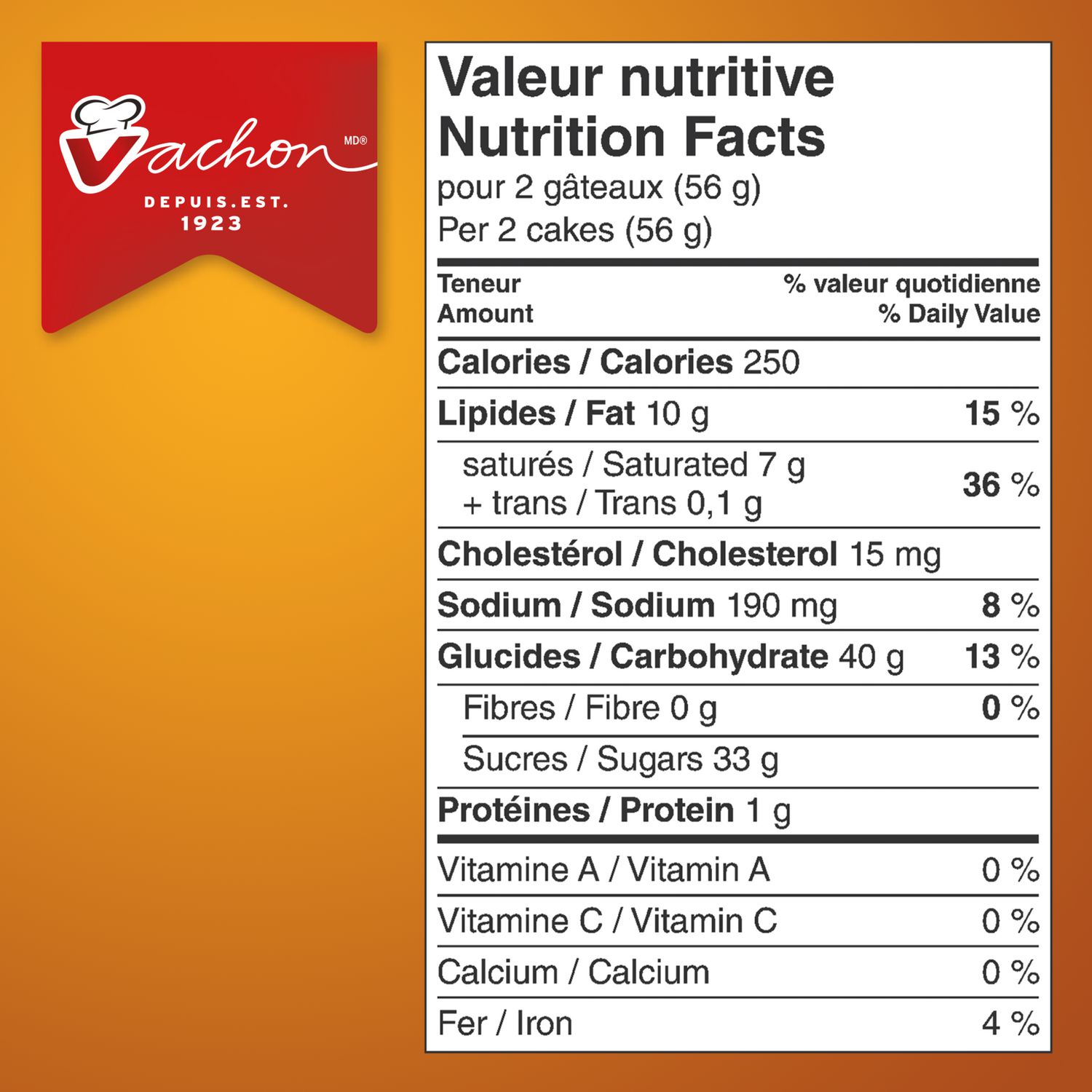 Vachon Ah Caramel nutrition facts panel showing serving information for two cakes