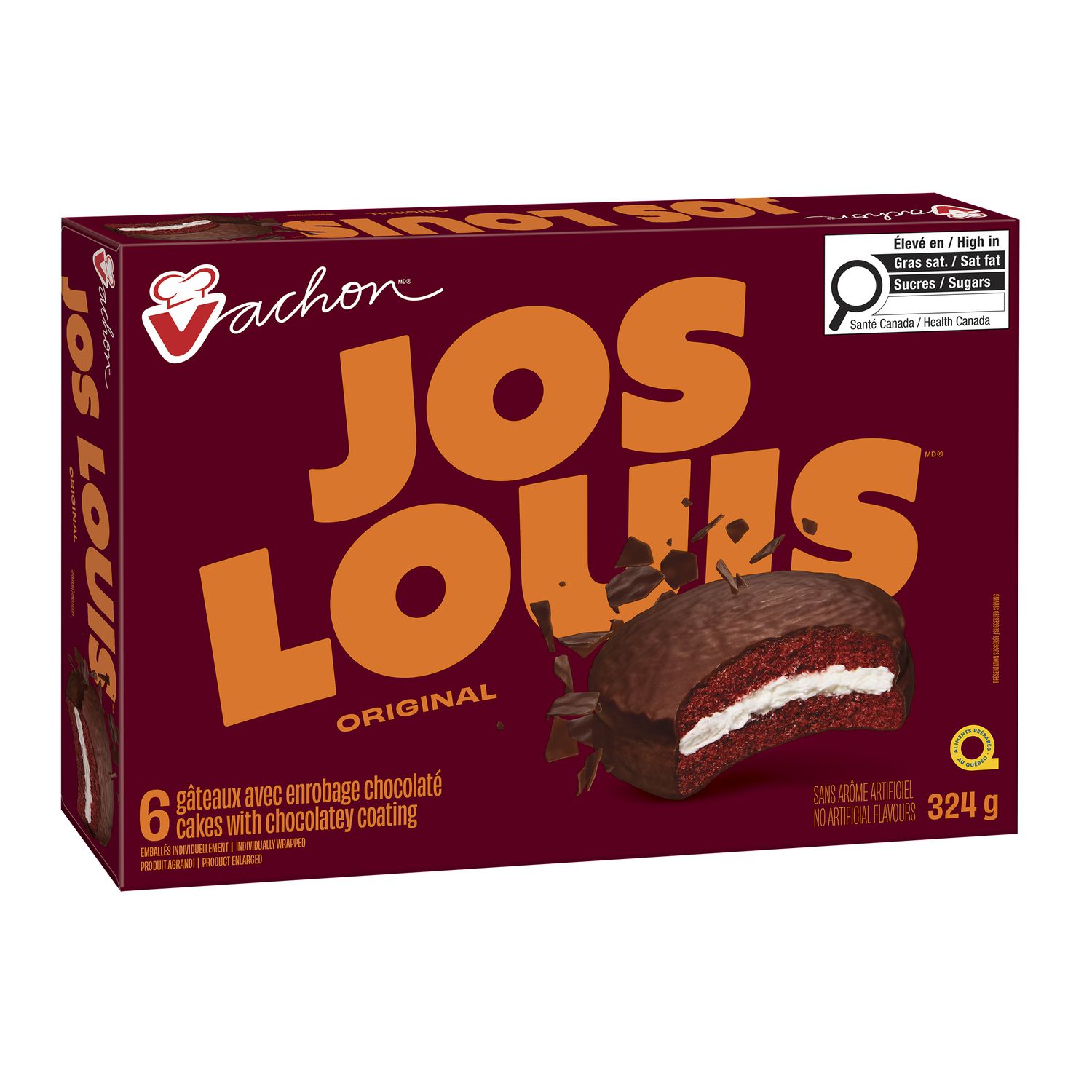 Angled Vachon Jos Louis cake package showing the Original branding and chocolate coated cake