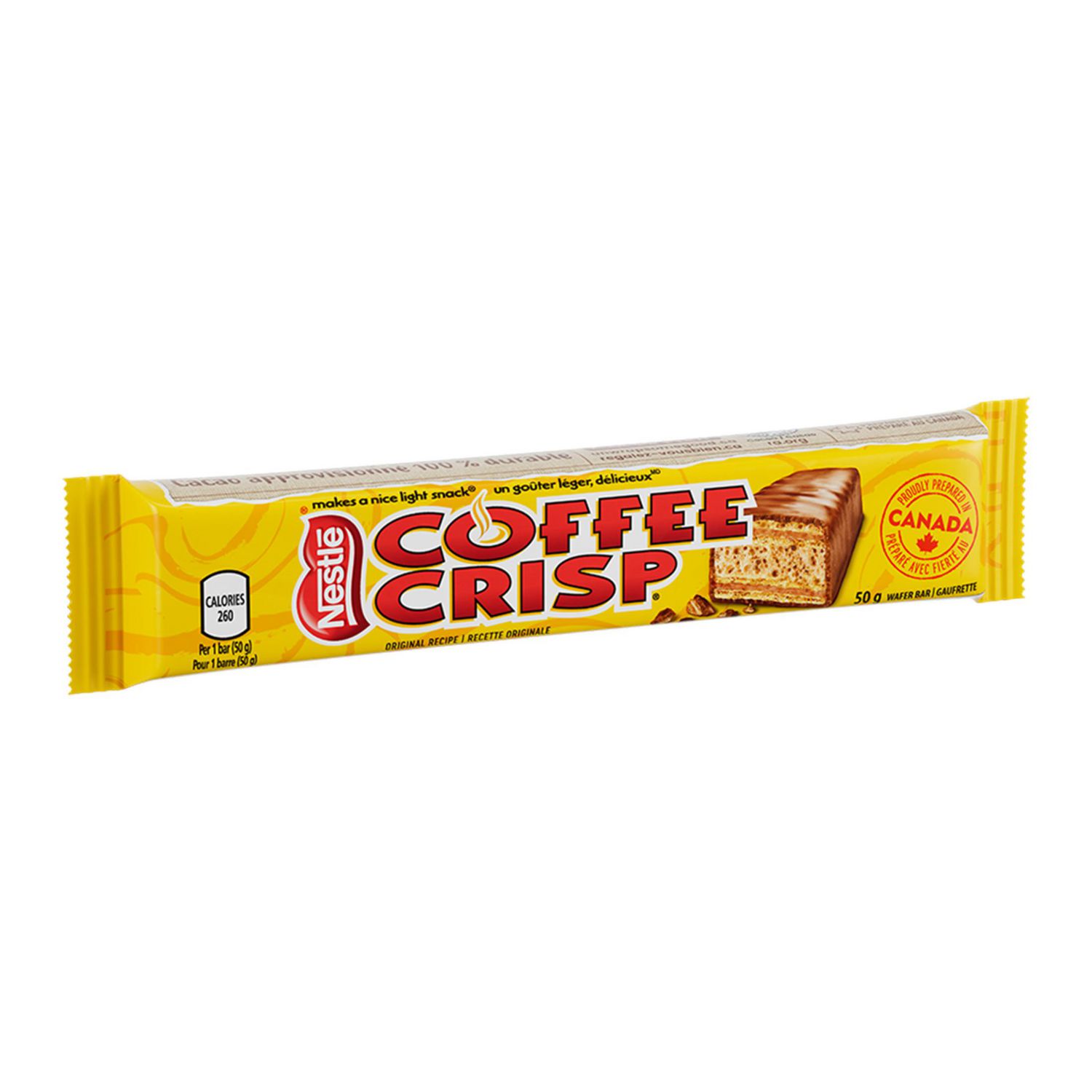 Angled view of NESTLÉ COFFEE CRISP 50 g yellow wafer bar package
