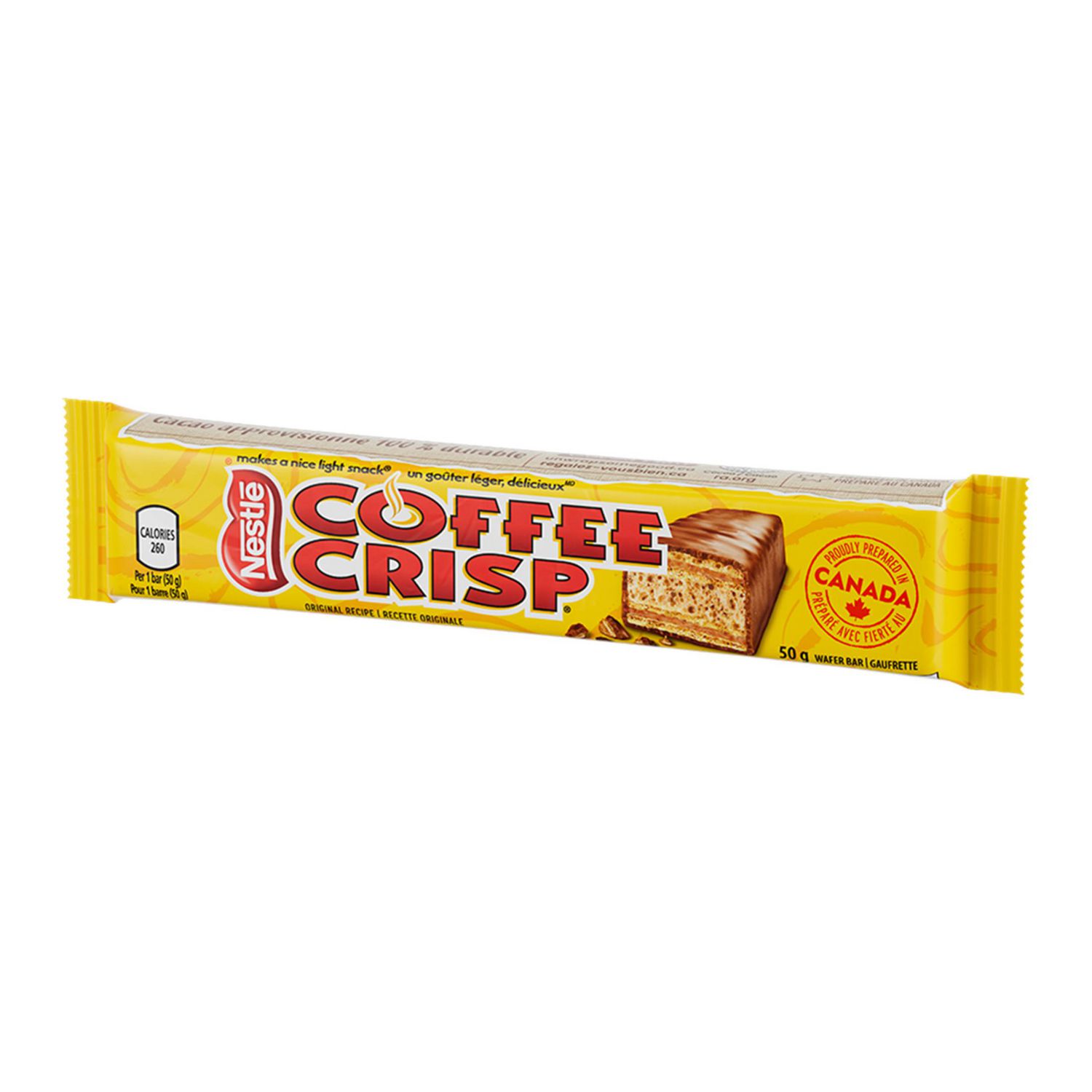 Close angled package view of NESTLÉ COFFEE CRISP wafer bar with coffee and chocolate branding