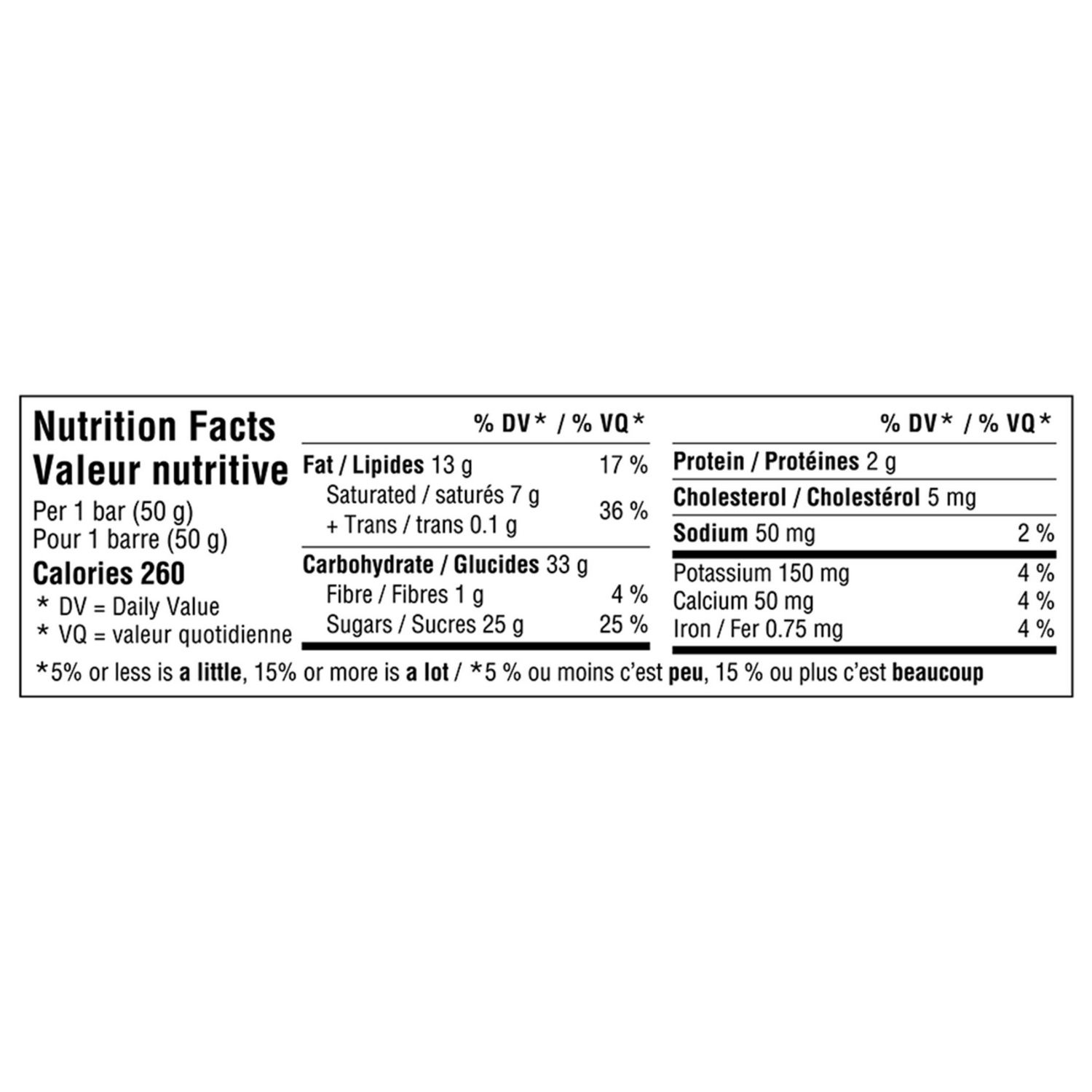 NESTLÉ COFFEE CRISP nutrition facts for one 50 g bar showing 260 calories