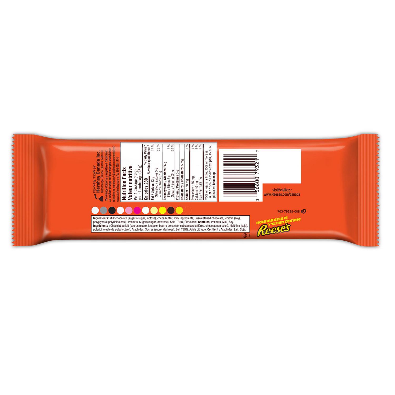 Back of REESE'S Peanut Butter Cups 46g package showing nutrition facts and product information
