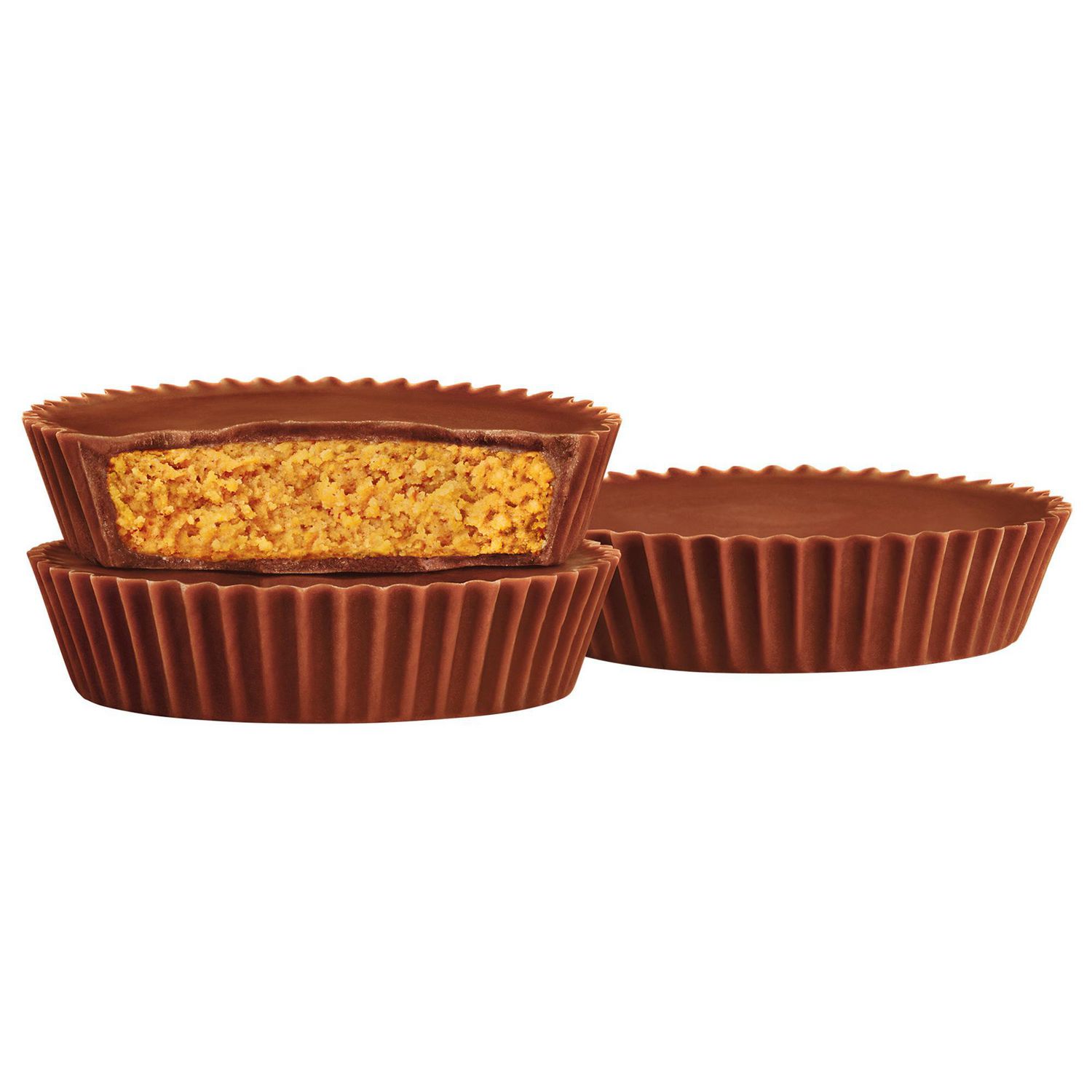 REESE'S Peanut Butter Cups with one cup cut open to show the peanut butter filling