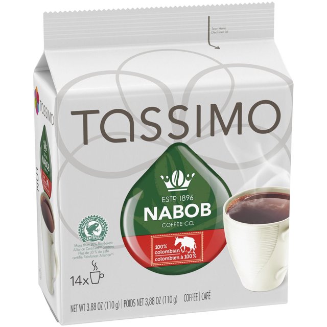 Side-angle view of Tassimo Nabob 100% Colombian Coffee T-Discs package
