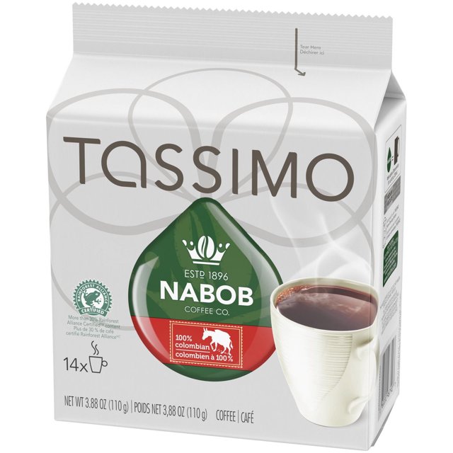 Tassimo Nabob Colombian Coffee T-Discs package three-quarter view with 110 g net weight