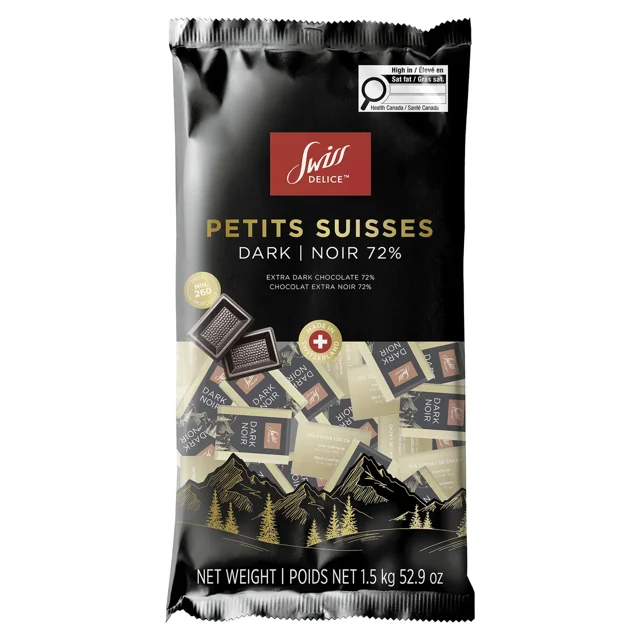 Swiss Delice Petits Suisses 72% dark chocolate 1.5 kg package with individually wrapped pieces