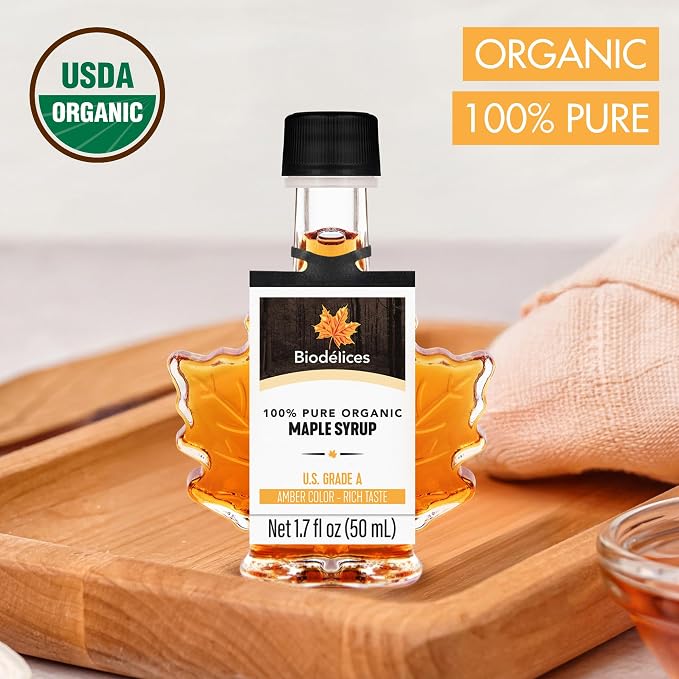 Biodélices 100% pure organic maple syrup with USDA Organic seal and maple leaf bottle