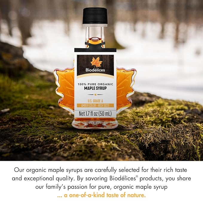 Biodélices organic maple syrup bottle displayed in a natural outdoor maple forest setting
