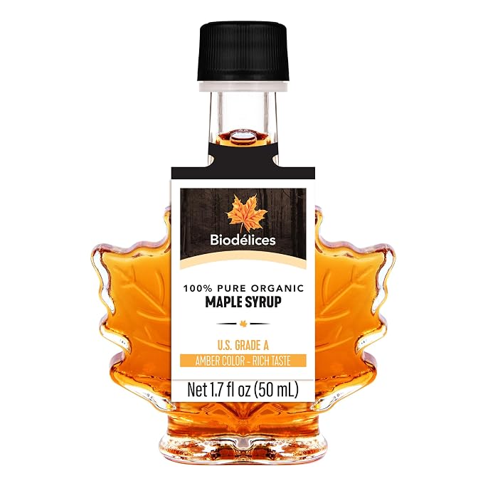 Biodélices 100% pure organic maple syrup Grade A 50 mL maple leaf bottle
