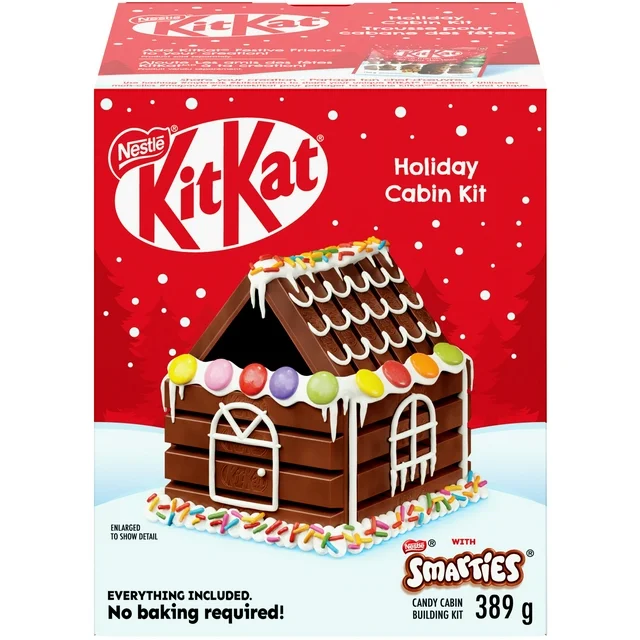 KITKAT Holiday Cabin Kit, Christmas Chocolate, Everything Included, KITKAT Milk Chocolate Wafer Bars & KITKAT Mini Bars, SMARTIES, Icing & Sprinkles, No Baking Required, 389 g